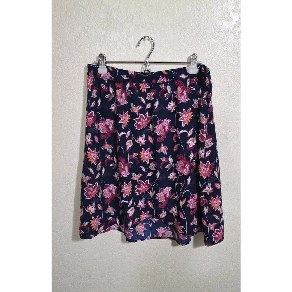 Loft Outlet Skirt Womens Dark Blue Multicolor Floral Satin Pull On Stretch L